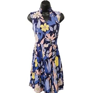 NWT Tori Richard Paola Dress Navy Blue Floral Cotton Rayon Tiered XS 7627-WQ76